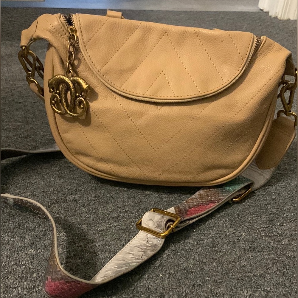 Chic Tan Leather Bag by Sharif with a snakeskin strap (new, no tags)